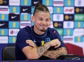  Kalvin Phillips speaks during an England press conference at Al Wakrah SC Stadium on December 08, 2022 in Doha, Qatar . (Photo by Alex Pantling/Getty Images)