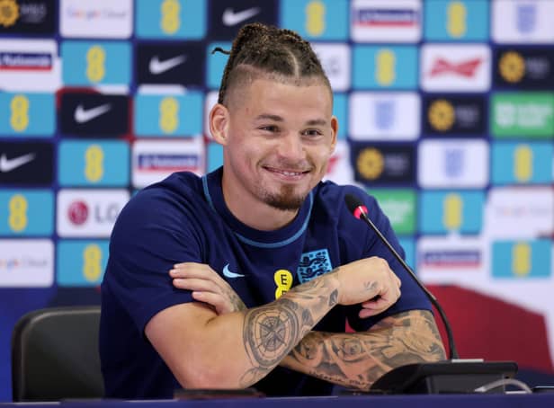 <p> Kalvin Phillips speaks during an England press conference at Al Wakrah SC Stadium on December 08, 2022 in Doha, Qatar . (Photo by Alex Pantling/Getty Images)</p>