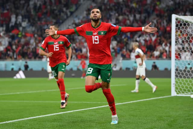 Youssef En-Nesyri celebrates scoring Morocco’s winner over Portugal