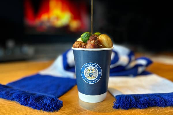 The Christmas dinner in a cup being offered by Stockport County