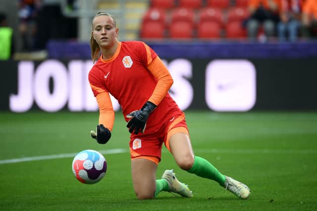 Netherlands’ goalkeeper Daphne van Domselaar warms up before the UEFA Women’s Euro 2022 quarter final football match between France and Netherland.  Photo AFP via Getty Images.