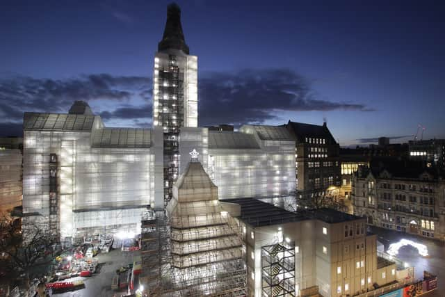 Manchester Town Hall under a scaffolding wrap in December 2022. Credit: Manchester Town Hall.