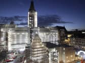 Manchester Town Hall under a scaffolding wrap in December 2022. Credit: Manchester Town Hall.