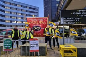 PCS union members at Manchester Airport on the picket line Credit: Mike Jones 