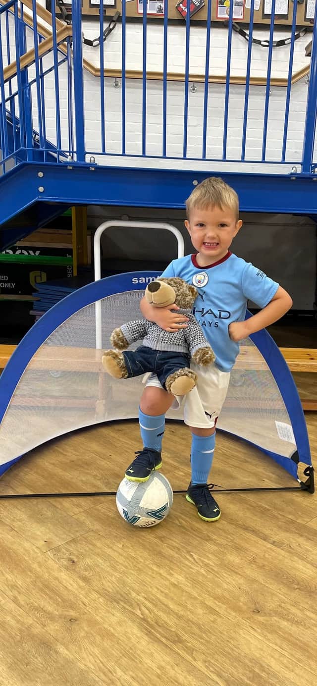 Albie Goldrick in his Manchester City kit.  Credit: Kirsty Goldrick / SWNS