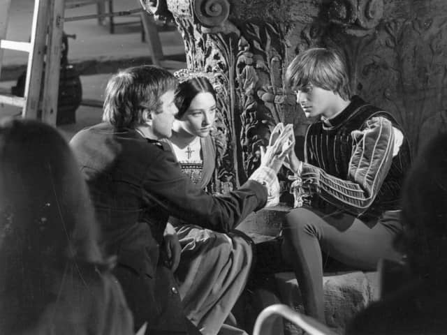 Italian stage and film director, Franco Zeffirelli with Olivia Hussey and Leonard Whiting, during the filming of 'Romeo and Juliet'.  (Photo by Express/Express/Getty Images)