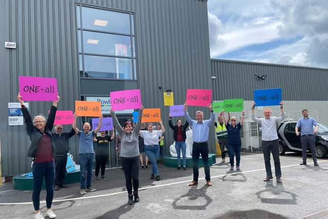 The One+All team outside the unit at Discovery Park, Crossley Road, Stockport. Credit: One+All.