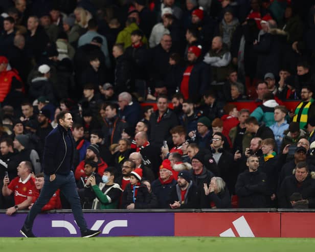 MANCHESTER, ENGLAND - JANUARY 06: Frank Lampard, Manager of Everton leaves the pitch at half time during the Emirates FA Cup Third Round match between Manchester United and Everton at Old Trafford on January 06, 2023 in Manchester, England. (Photo by Naomi Baker/Getty Images)