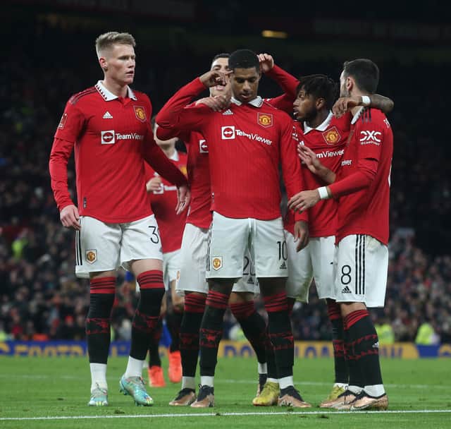 Marcus Rashford and United celebrate scoring against Everton in FA Cup