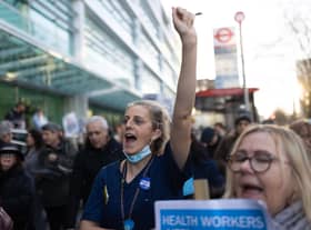 Nurses and supporters gather outside University College Hospital before marching to Downing Street after a day of strike action on December 20 2022 in London. (Photo by Dan Kitwood/Getty Images)