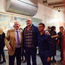 Eric Cantona and Sir Alex Ferguson and Michael Browne at the launch of From Moss Side to Marseille: The Art of Michael Browne and Eric Cantona Credit: Nathan Chandler