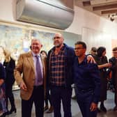 Eric Cantona and Sir Alex Ferguson and Michael Browne at the launch of From Moss Side to Marseille: The Art of Michael Browne and Eric Cantona Credit: Nathan Chandler