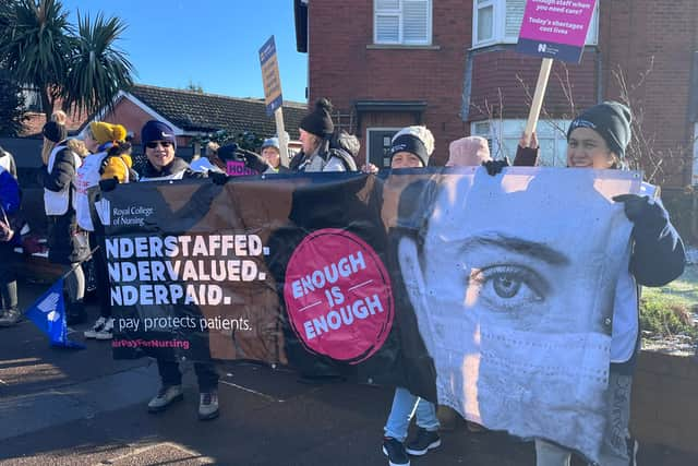 Nursing staff on the picket line outside Tameside General Hospital. Credit: Manchester World