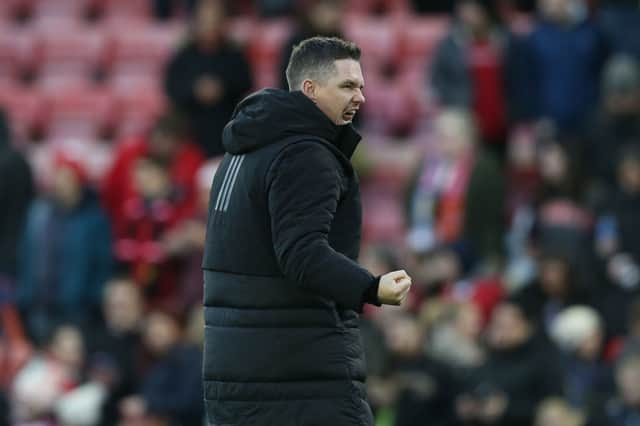 Marc Skinner, Manager of Manchester United, celebrates after the team's victory during the FA Women's Super League match between Manchester United and Liverpool at Leigh Sports Village on January 15, 2023 in Leigh, England. (Photo by Jan Kruger/Getty Images)