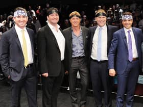 (L-R) Filmmakers Jon Hurwitz and Hayden Schlossberg actor Billy Zabka, filmmaker Josh Heald, and actor Ralph Macchio will be shutting the doors of the dojo as Cobra Kai comes to an end (Credit: Getty Images)