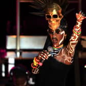 Grace Jones performs on stage during the Monte-Carlo Sporting Summer Festival in Monaco late August 6, 2018.