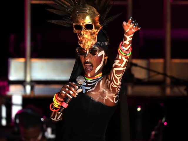 Grace Jones performs on stage during the Monte-Carlo Sporting Summer Festival in Monaco late August 6, 2018.