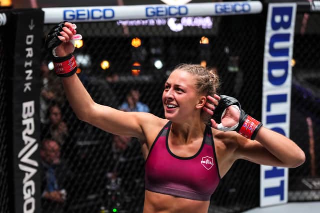 Dakota Ditcheva celebrates her victory against Katherine Corogenes in the PFL. Photo: Cooper Neill/Getty Images