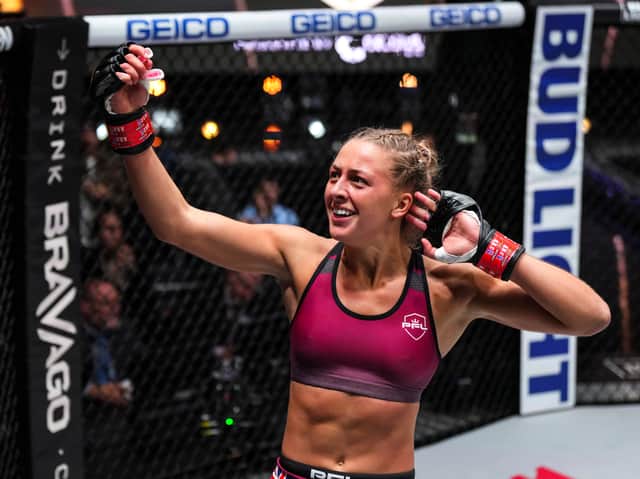 Dakota Ditcheva celebrates her victory against Katherine Corogenes in the PFL. Photo: Cooper Neill/Getty Images