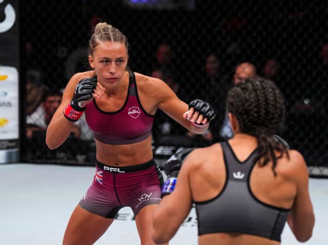 Dakota Ditcheva in action in the cage against Katherine Corogenes at Madison Square Garden. Photo: Cooper Neill/Getty Images