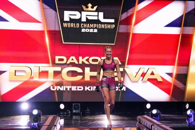 Dakota Ditcheva walking out for her undercard appearance at the PFL World Championships. Photo: Cooper Neill/Getty Images
