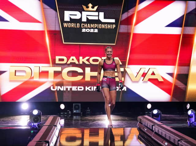 Dakota Ditcheva walking out for her undercard appearance at the PFL World Championships. Photo: Cooper Neill/Getty Images