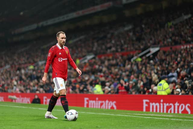 Christian Eriksen left Old Trafford on crutches and wearing a protective boot on Saturday. Credit: Getty.