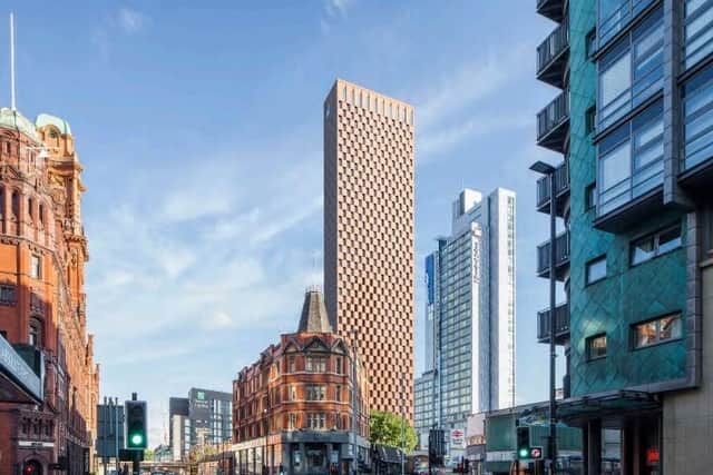 Designs for a new chimney-inspired 55-storey block of student flats on Great Marlborough Street Credit: GMS Parking