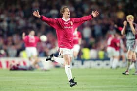 Ole Gunnar Solskjaer celebrating after Manchester United won the 1999 UEFA Champions League final against Bayern Munich. Photo:  Ben Radford/Allsport/Getty Images/Hulton Archive