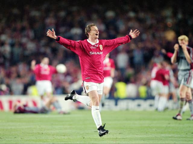 Ole Gunnar Solskjaer celebrating after Manchester United won the 1999 UEFA Champions League final against Bayern Munich. Photo:  Ben Radford/Allsport/Getty Images/Hulton Archive