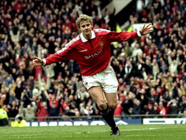Solskjaer celebrating after scoring at Old Trafford. Photo: Getty Images