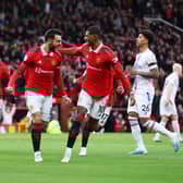 Fernandes and Rashford celebrate Fernandes’ first goal against Palace