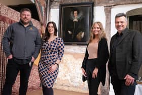 The 16th century  painting Lady in a Court Dress with Robert Smith, PRS manager at ForLiving, Jennifer Holland, commercial manager at Salford Museums and Galleries, Gemma Francis, PRS portfolio manager at ForLiving and Peter Ogilvie, collections manager at Salford Museum and Art Gallery
