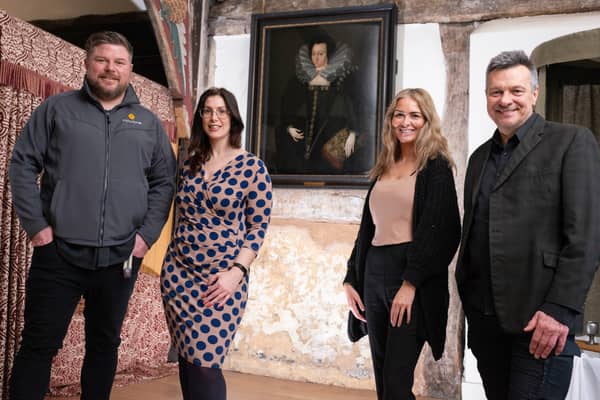 The 16th century  painting Lady in a Court Dress with Robert Smith, PRS manager at ForLiving, Jennifer Holland, commercial manager at Salford Museums and Galleries, Gemma Francis, PRS portfolio manager at ForLiving and Peter Ogilvie, collections manager at Salford Museum and Art Gallery