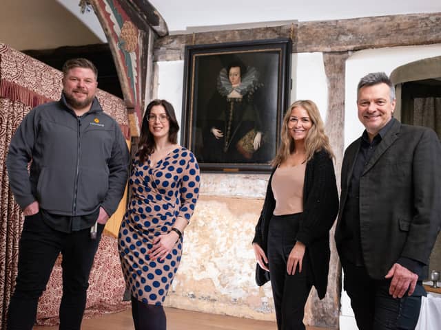 The 16th century  painting Lady in a Court Dress with Robert Smith, PRS manager at ForLiving, Jennifer Holland, commercial manager at Salford Museums and Galleries, Gemma Francis, PRS portfolio manager at ForLiving and Peter Ogilvie, collections manager at Salford Museum and Art Gallery