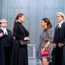 Jonathan Broadbent (Hugh Tomlinson QC), Lucy May Barker (Rebekah Vardy), Laura Dos Santos (Coleen Rooney) and Tom Turner (David Sherborne) in Vardy V Rooney, The Wagatha Christie Trial Credit: Tristram Kenton