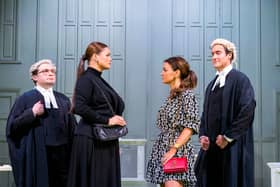 Jonathan Broadbent (Hugh Tomlinson QC), Lucy May Barker (Rebekah Vardy), Laura Dos Santos (Coleen Rooney) and Tom Turner (David Sherborne) in Vardy V Rooney, The Wagatha Christie Trial Credit: Tristram Kenton