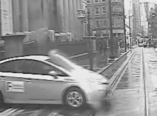 <p>A car nipped out in front of this Metrolink tram and was struck Credit: TFGM</p>