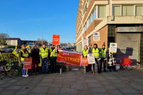 The picket line for the DWP strike in Bolton. Photo: PCS