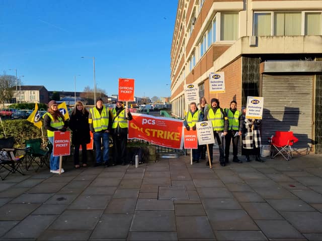 The picket line for the DWP strike in Bolton. Photo: PCS
