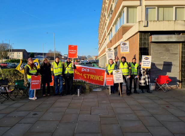 <p>The picket line for the DWP strike in Bolton. Photo: PCS</p>