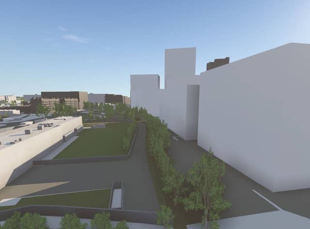 A computer generated image showing how office blocks could dominate the revamped Central Retail Park in Ancoats