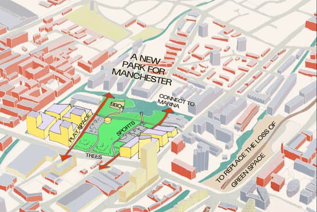 The proposal for a large green space in Ancoats developed by Unit 38 and Trees Not Cars. Photo: Unit 38
