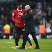 Marcus Rashford of Manchester United interacts with Erik ten Hag, Manager of Manchester United, following the team’s victory in the Premier League match between Leeds United and Manchester United at Elland Road