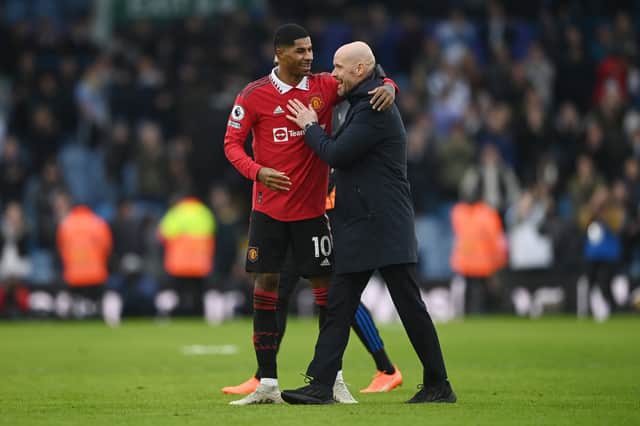 Marcus Rashford of Manchester United interacts with Erik ten Hag, Manager of Manchester United, following the team’s victory in the Premier League match between Leeds United and Manchester United at Elland Road