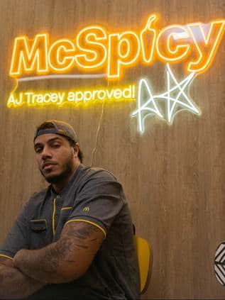 Rapper AJ Tracey headed down to a McDonald’s restaurant in Ladbroke Grove to celebrate the permanent return of the McSpicy.