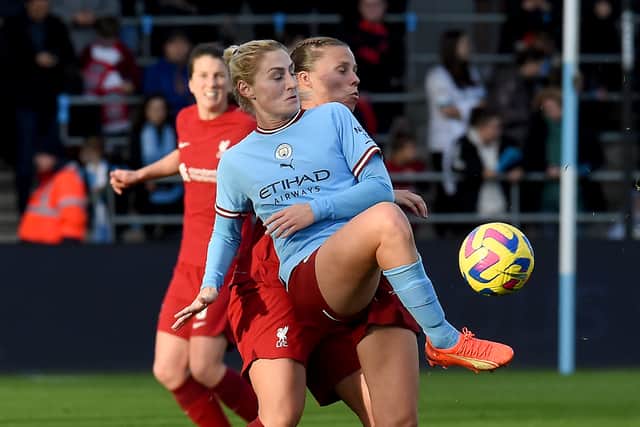 Laura Coombs playing for Manchester City. Photo: Liverpool FC via Getty Images