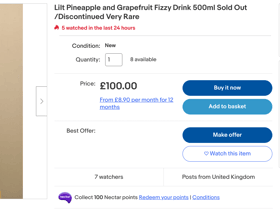  A fan is selling a 500ml bottle of Lilt drink for £100 which they brand as “very rare”. 