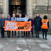 The Just Stop Oil protestors outside court, with Greater Manchester activists Alan Woods second from left, Paul Barnes holding the #Exxon Knew sign and Oliver Clegg standing to his right. Photo: Just Stop Oil