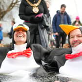 Councillors Eve Holt and Mathew Benham took the plunge dressed, appropriately enough, as penguins. Photo: Dylan O’Brien